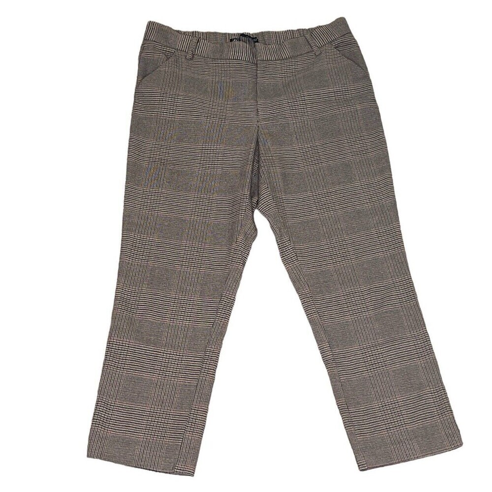 Zara Women's Houndstooth Pants Brown Large Flat Front Elastic Back‎ Waist Crop